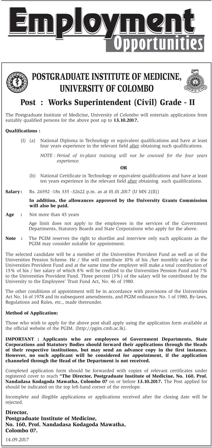 Works Superintendent (Civil) - University of Colombo